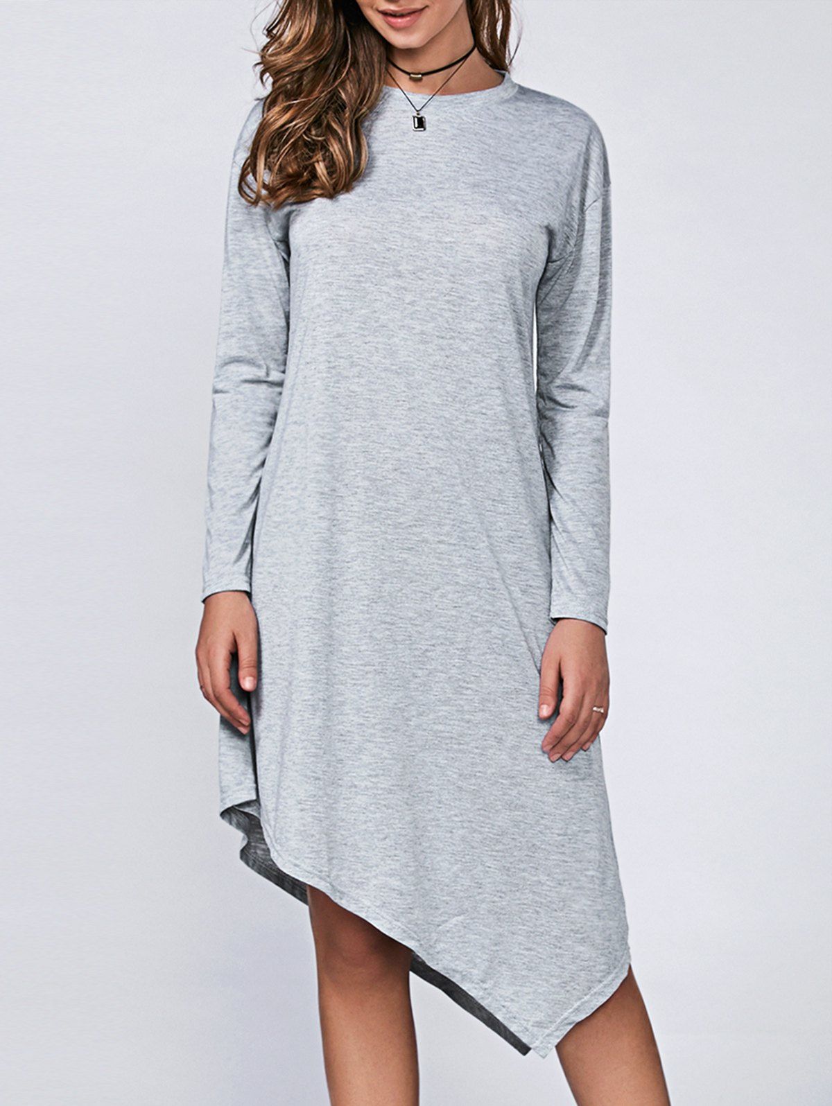 

Casual Long Sleeve High Low Asymmetric Dress, Light gray