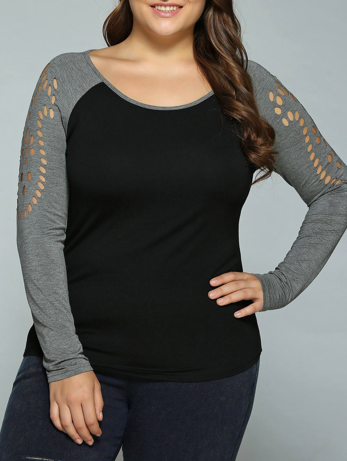 

Plus Size Hollow Out Raglan Sleeve T-Shirt, Black and grey