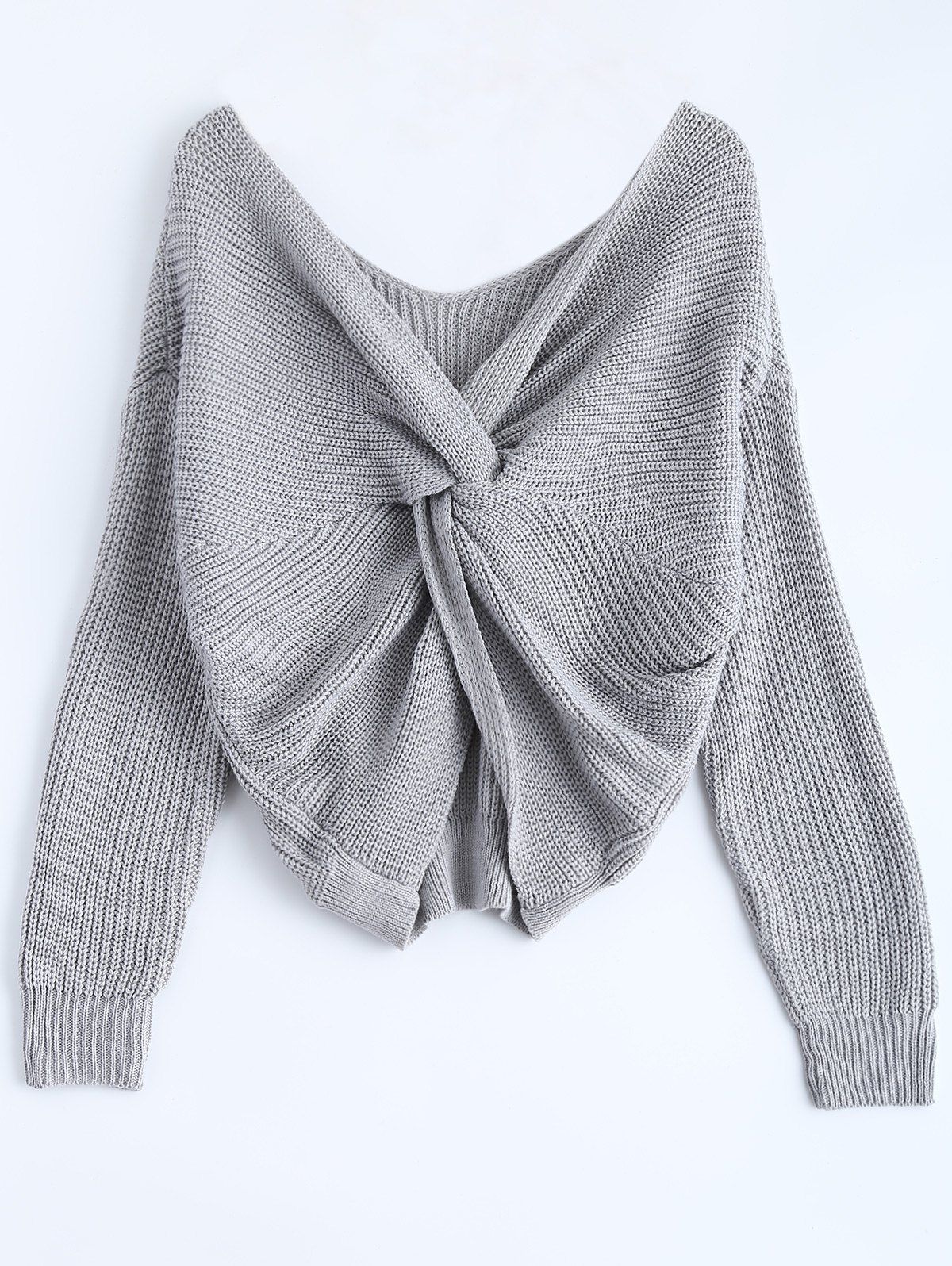 

V Neck Knotted Back Chunky Jumper Sweater, Gray