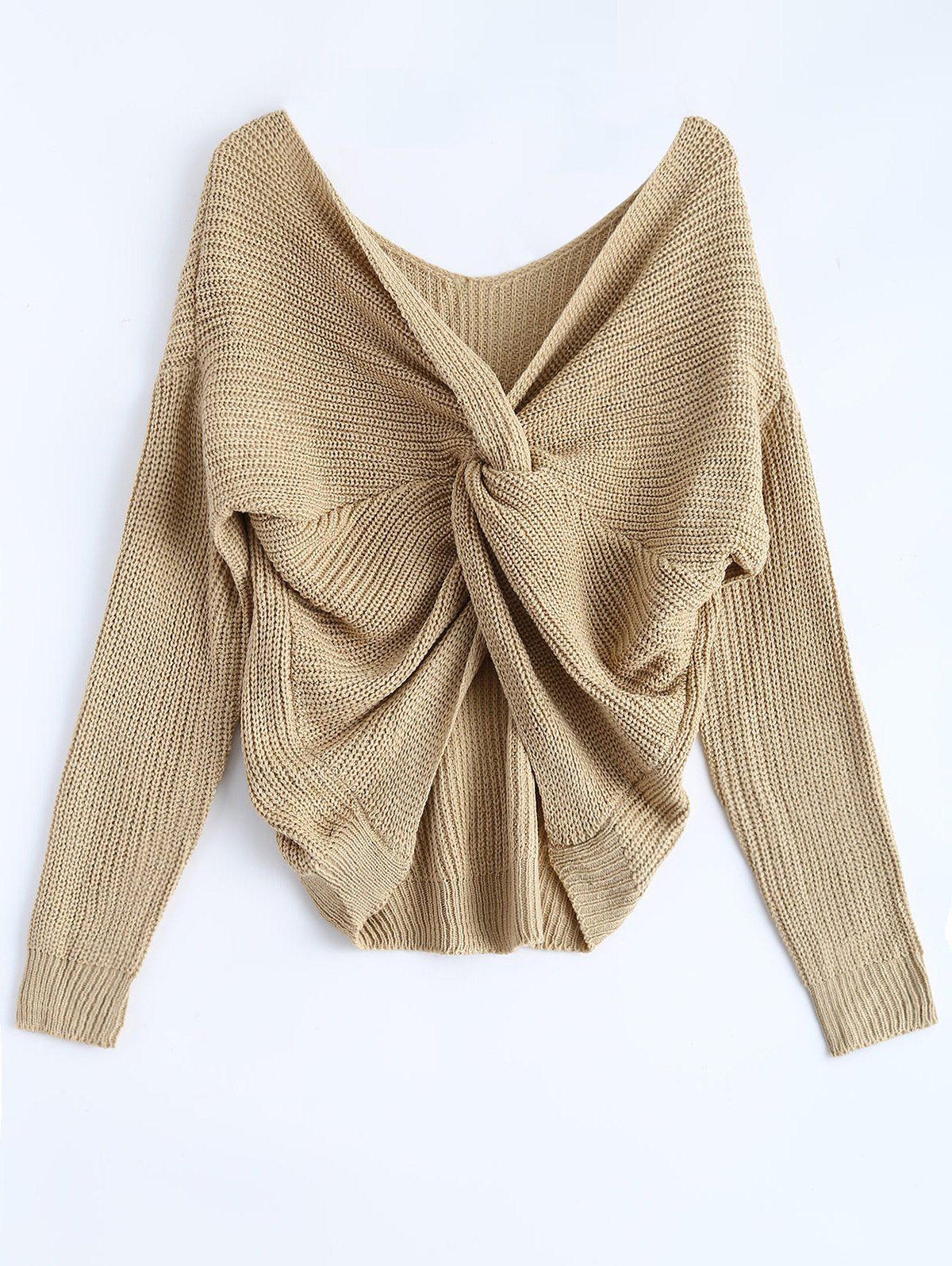 

V Neck Knotted Back Chunky Jumper Sweater, Earthy