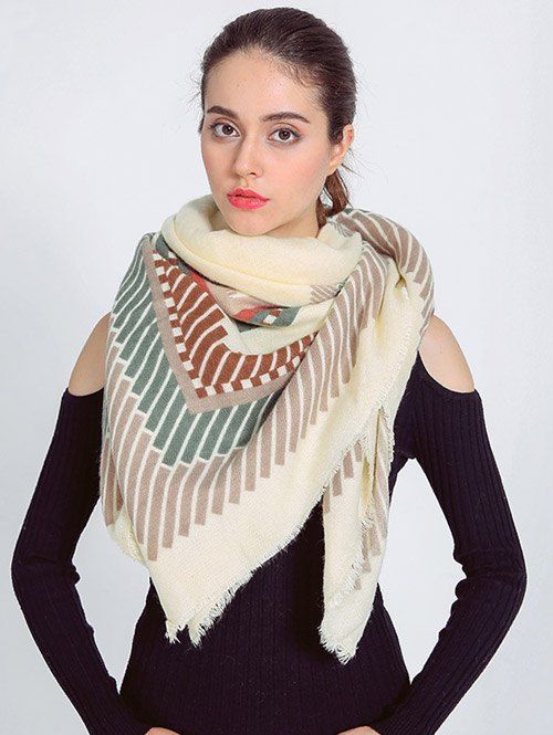

Streetwear Short Stripe Fringed Shawl Wrap Scarf, Beige