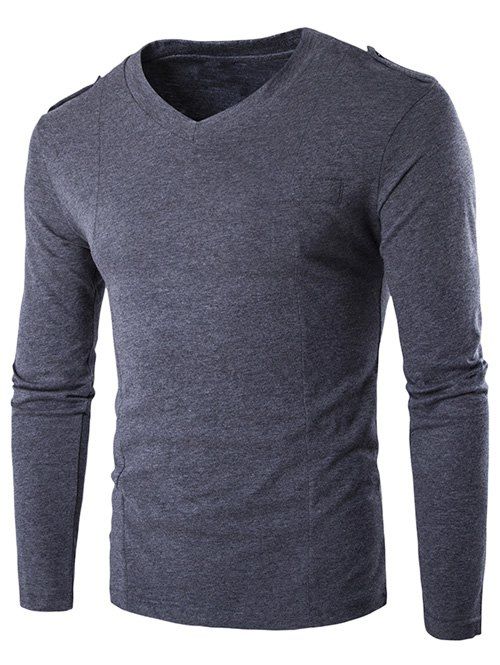 

Long Sleeve V-Neck Epaulet Design T-Shirt, Deep gray