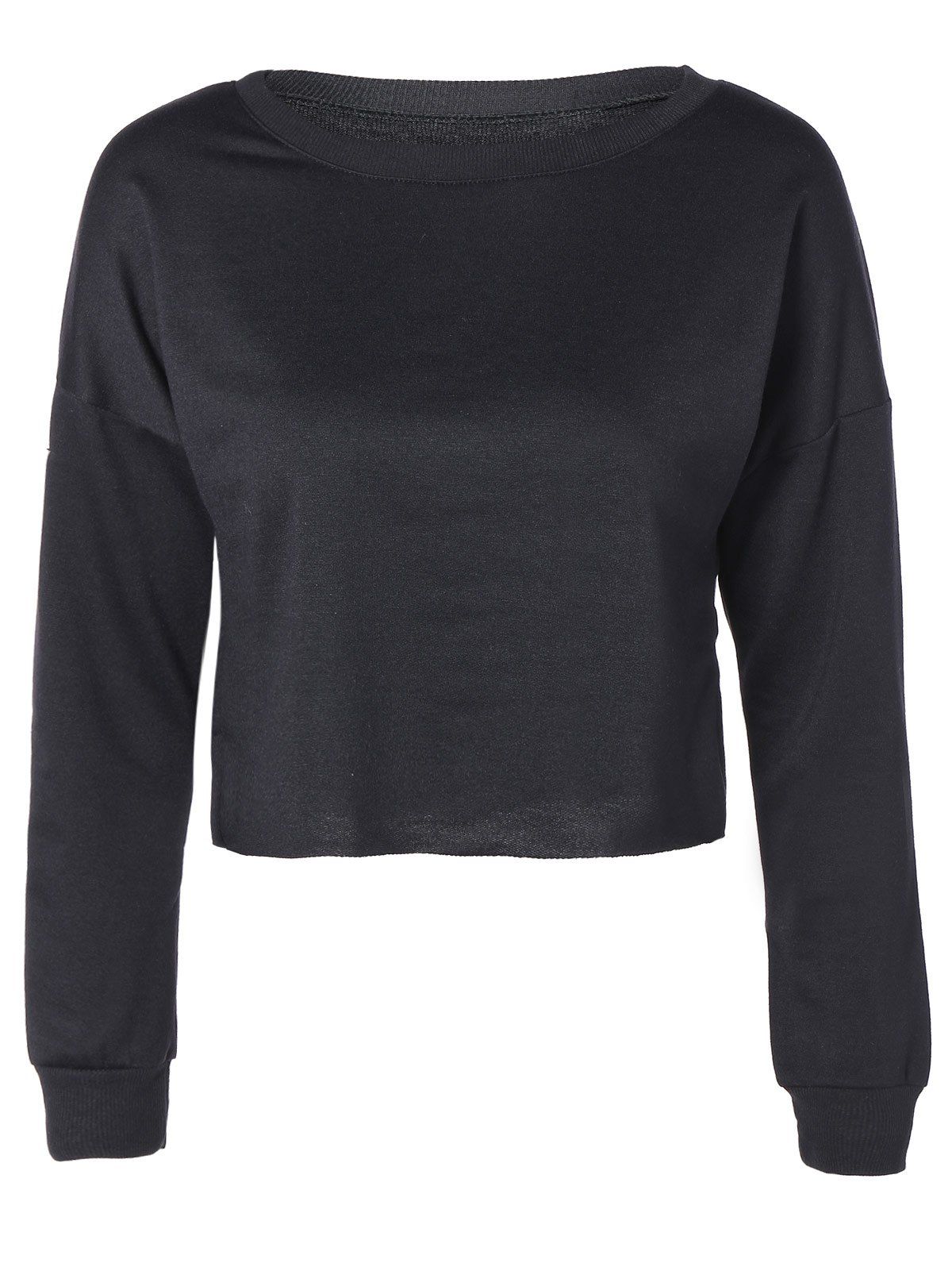 

Drop Shoulder Round Collar Raw Edge Crop Sweatshirt, Black