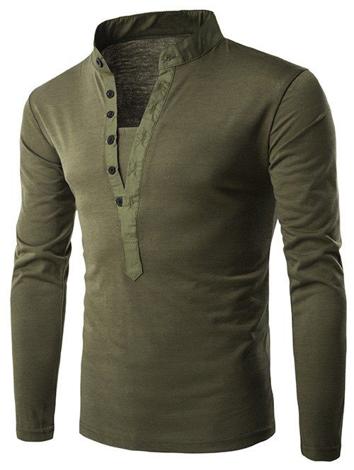 

Long Sleeve Button Fly Grandad Collar T-Shirt, Army green