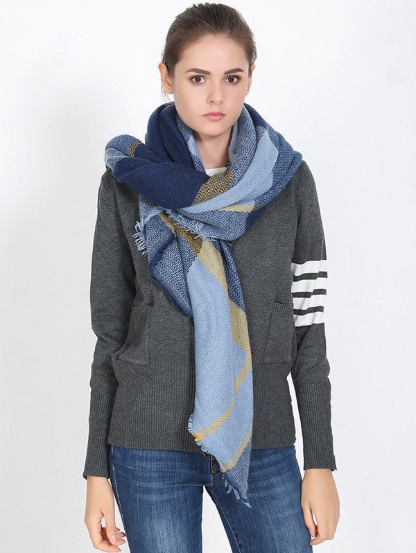 

Streetwear Plaid Fringed Shawl Scarf, Cadetblue