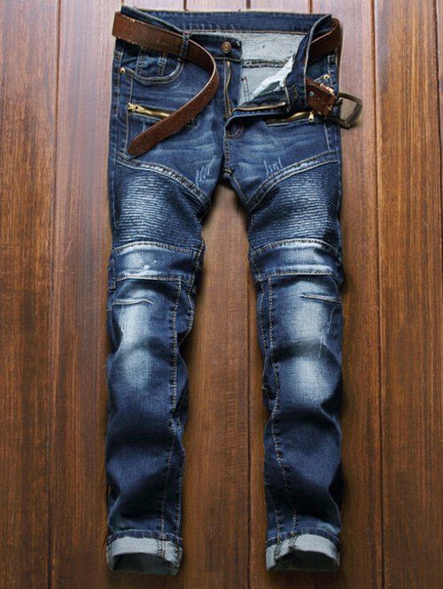 Jeans Moto Braguette à Glissière Design Jambes Droites - Bleu 30