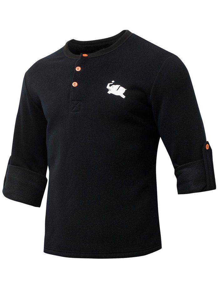 

Button Embellished Round Neck Half Sleeve Sweatshirt, Black