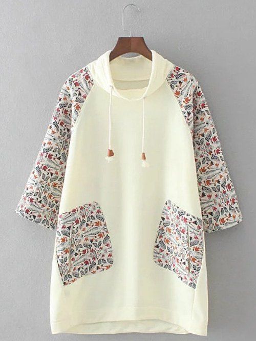 

Plus Size Retro Printed Patched Hoodie, Beige