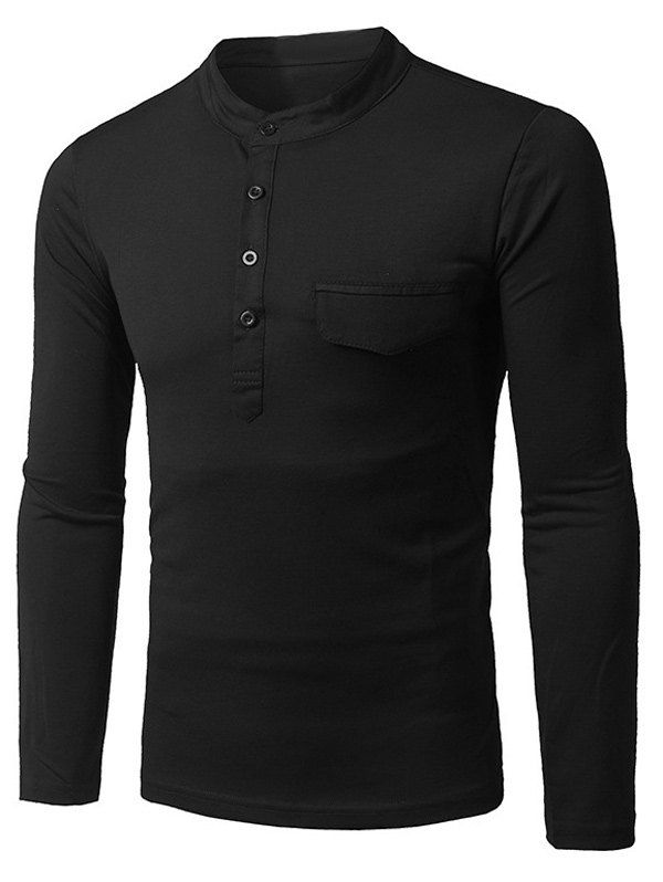 

Grandad Collar Long Sleeve Faux Pocket T-Shirt, Black