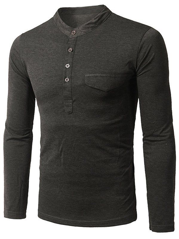 

Grandad Collar Long Sleeve Faux Pocket T-Shirt, Deep gray