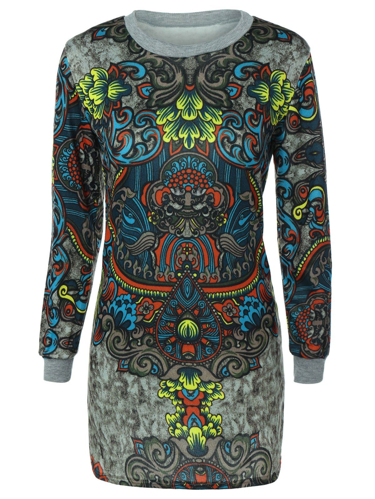 

Long Sleeve Crew Neck Printed Dress, Colormix