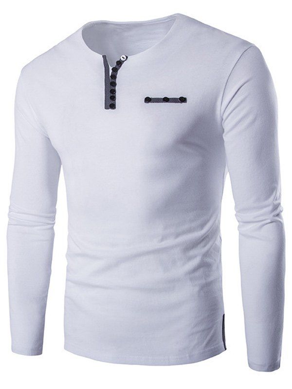 

Long Sleeve Notch Neck Button Embellished T-Shirt, White