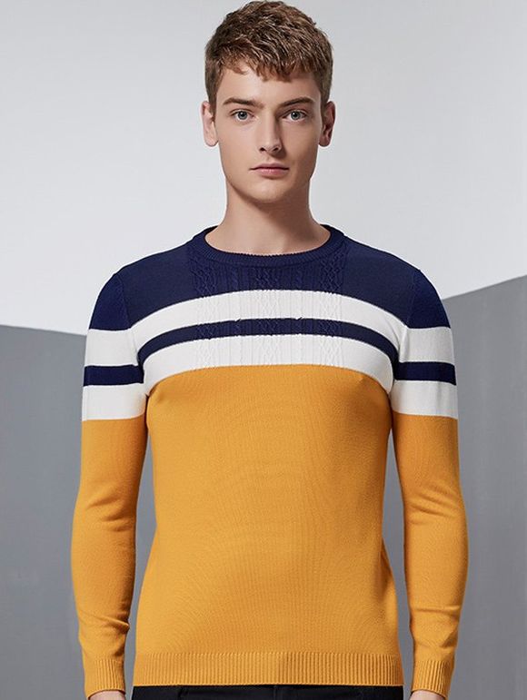 Ras du cou à manches longues Color Block Splicing Stripe design Sweater - Jaune XL