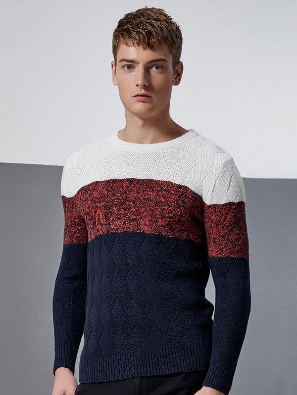 

Crew Neck Long Sleeve Color Block Splicing Knit Blends Argyle Sweater, Deep blue