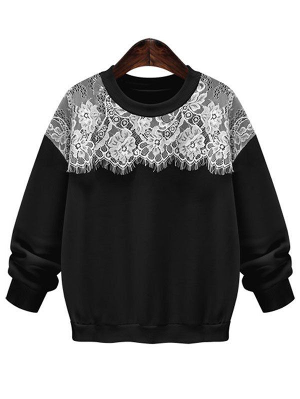 

Lace Spliced Thickening Sweatshirt, Black