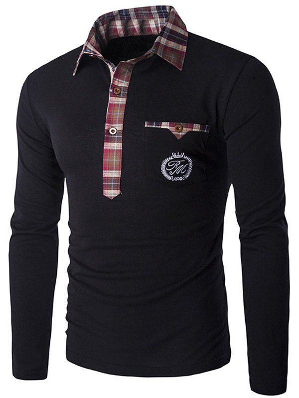

Plaid Collar Long Sleeve Embroidery T-Shirt, Black