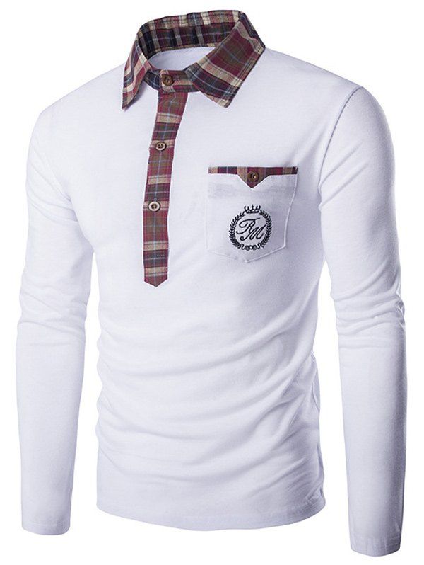

Plaid Collar Long Sleeve Embroidery T-Shirt, White