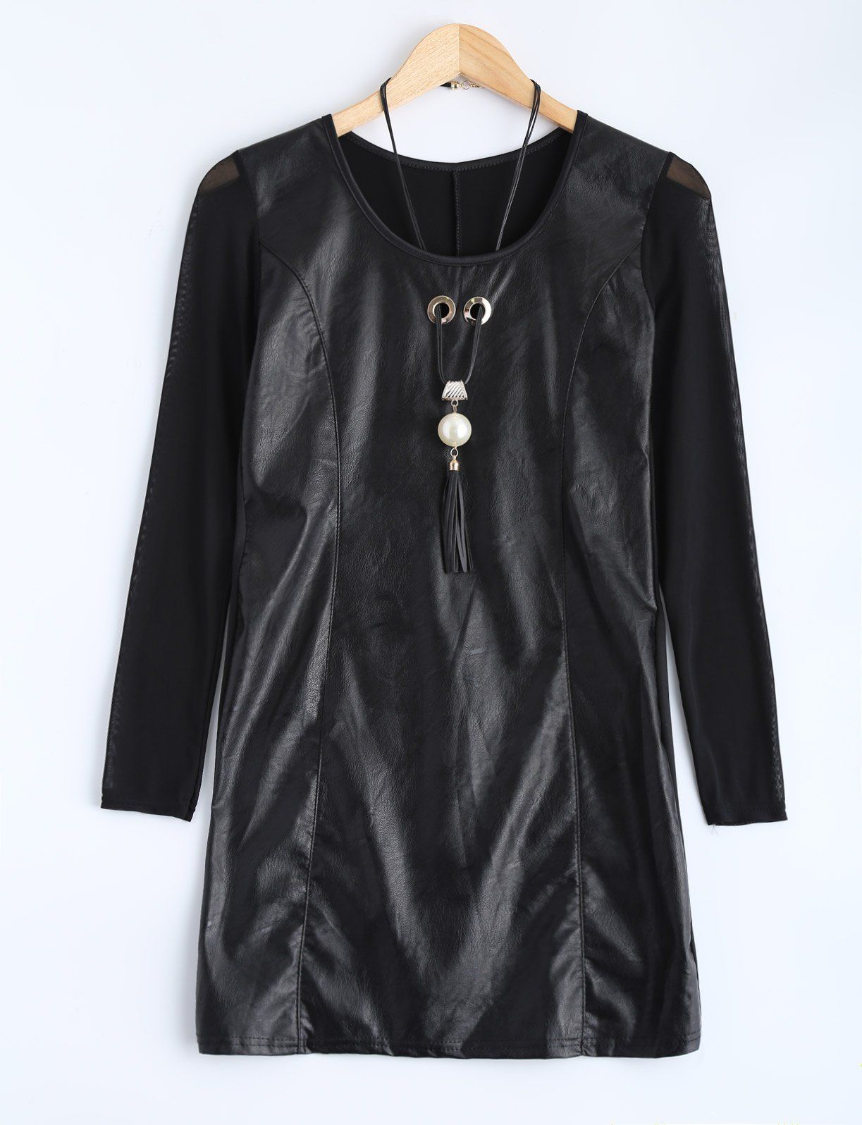 

Faux Leather Mesh-Insert Stretchy Dress, Black