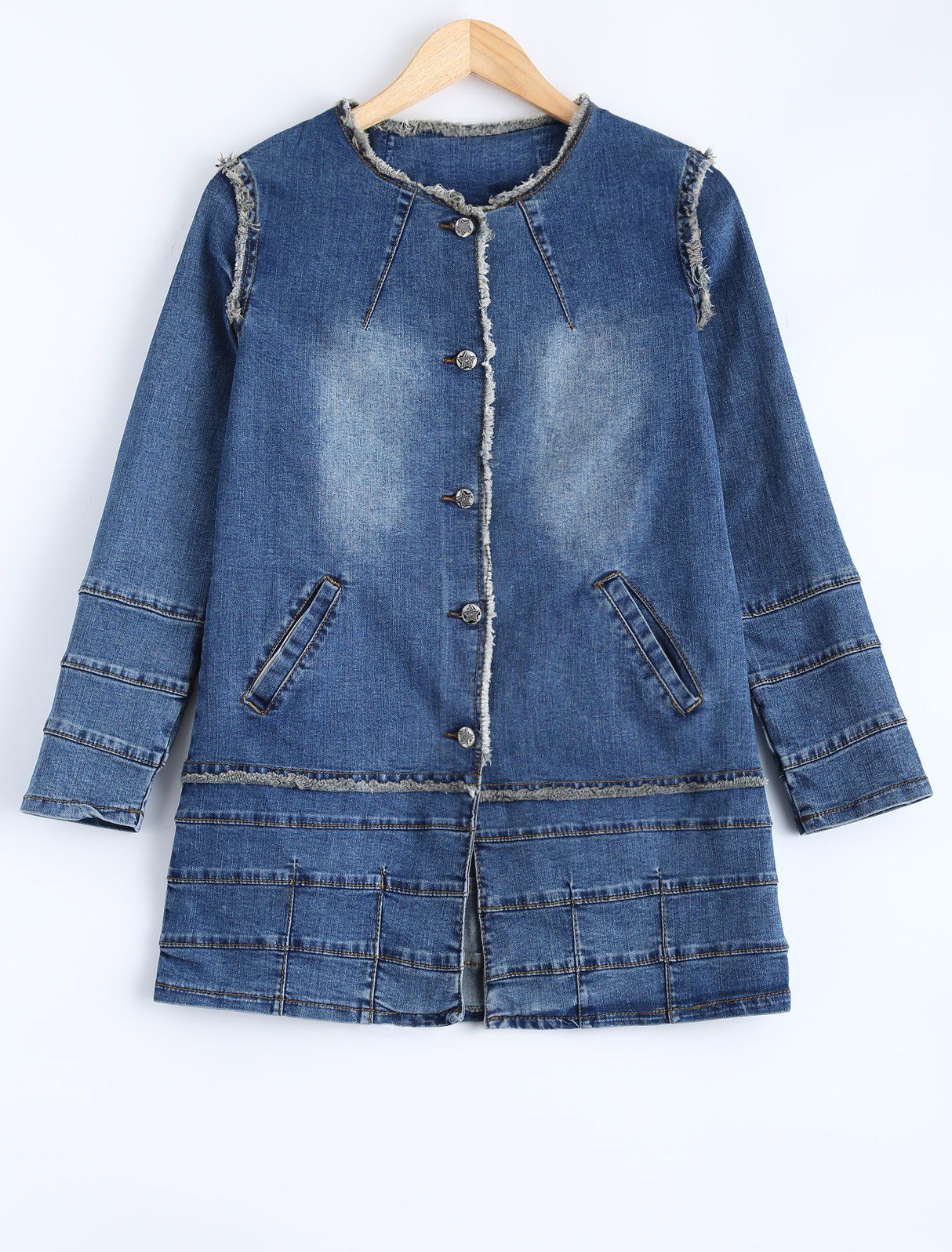

Button-Down Topstitched Denim Coat, Denim blue