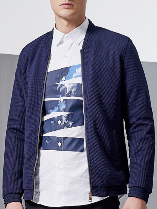 Side Pocket stand Collar Zip Up Jacket Texture - Bleu profond M