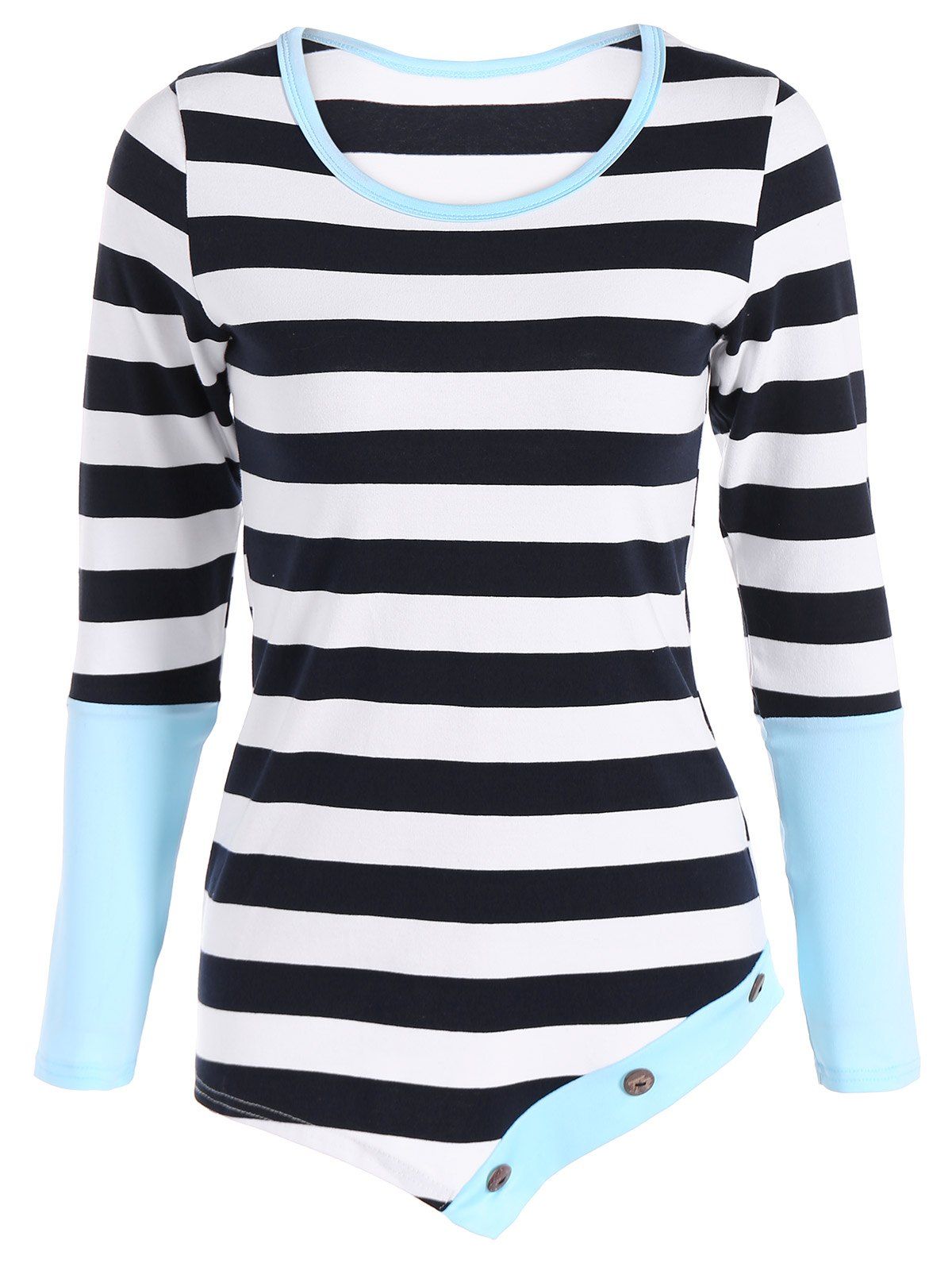 

Asymmetric Hem Button Embellished Striped T-Shirt, Purplish blue