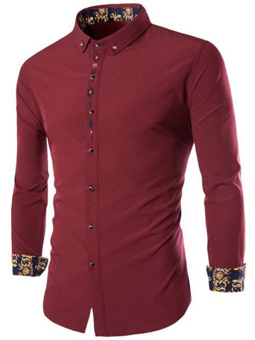 

Embroidery Button-Down Long Sleeves Shirt, Wine red