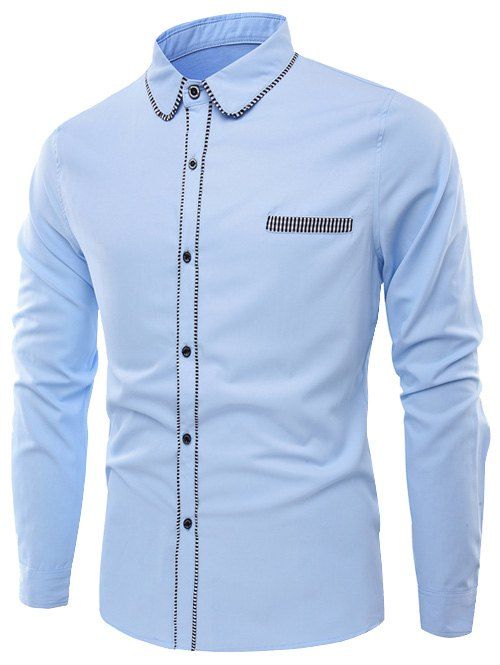 

Turn-Down Collar Long Sleeve Stripe Edging Shirt, Light blue