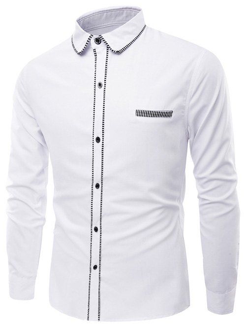 

Turn-Down Collar Long Sleeve Stripe Edging Shirt, White