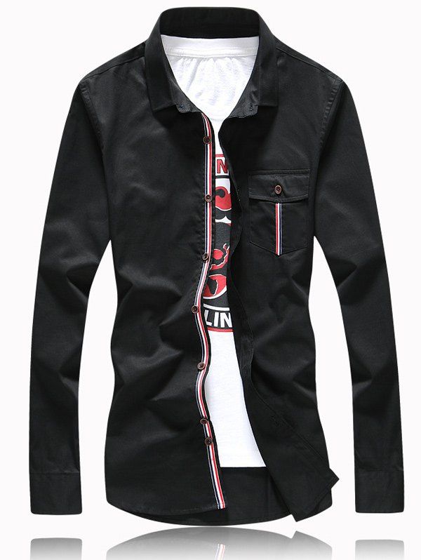 

Stripe Pocket Turn-Down Collar Plus Size Shirt, Black