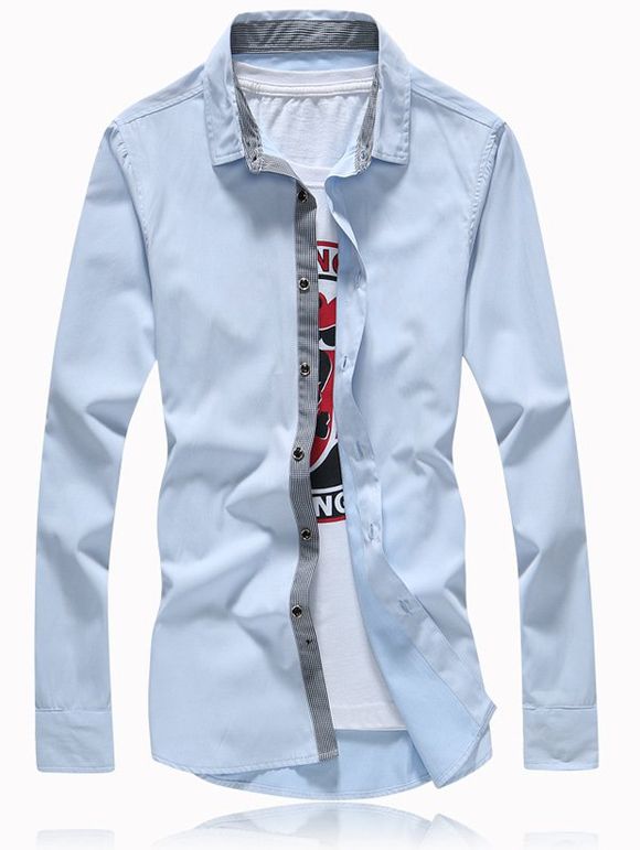 Tournez-Down Collar Button Épissage Taille Plus Chemise - Bleu clair 3XL