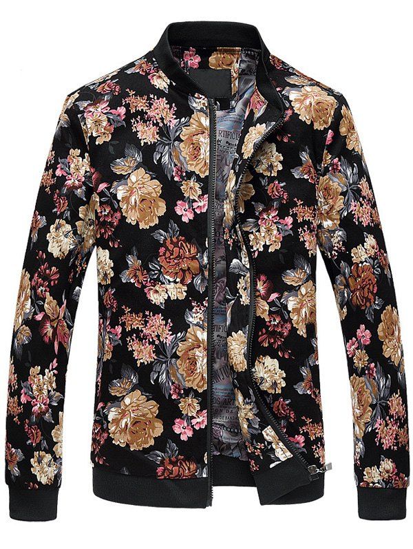 

Plus Size Zip Up Stand Collar Flowers Pattern Jacket, Colormix