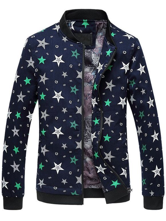 Zip Up Stand Collar 3D Etoiles Printed Plus Size Jacket - Cadetblue 3XL