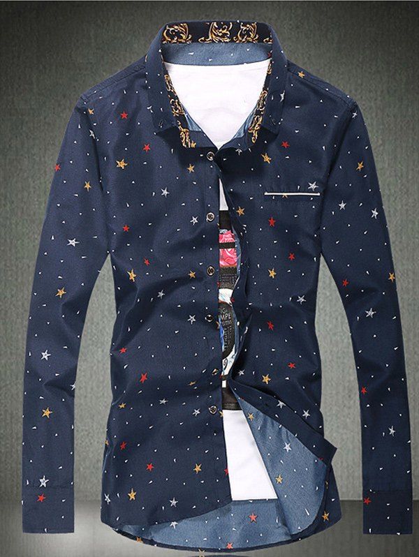 

Long Sleeve Pentagram Triangle Printed Plus Size Shirt, Cadetblue
