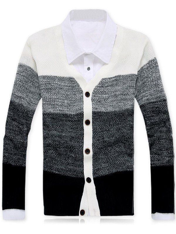 

Striped Button Up V-Neck Cardigan, White