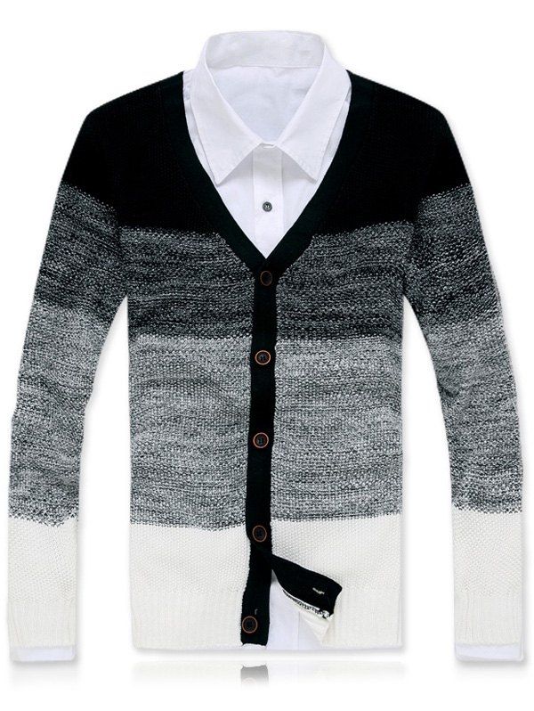 

Striped Button Up V-Neck Cardigan, Black