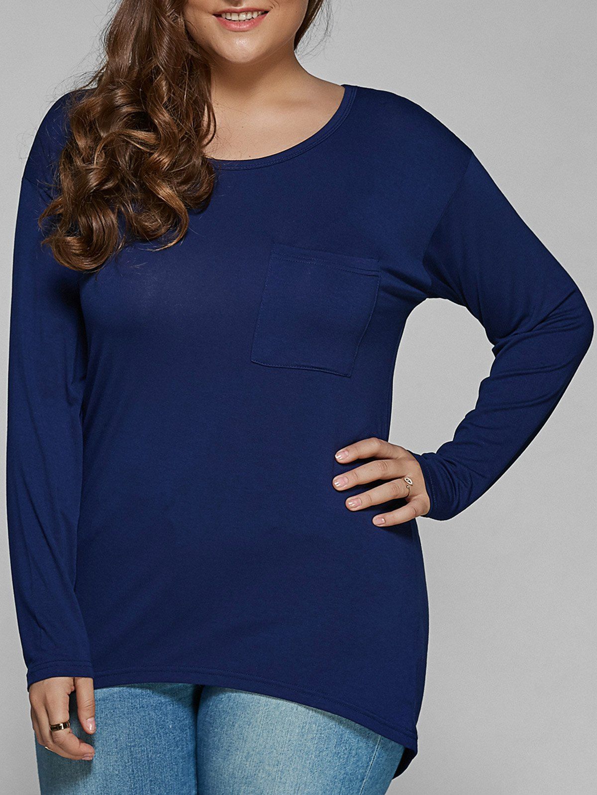

Pocket Design High Low Plus Size T-Shirt, Cadetblue