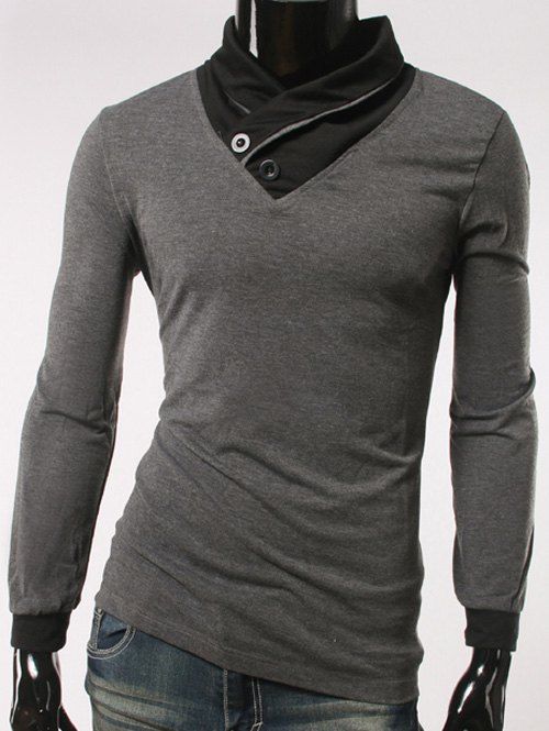 

Shawl Collar Long Sleeve Button Embellished T-Shirt, Deep gray
