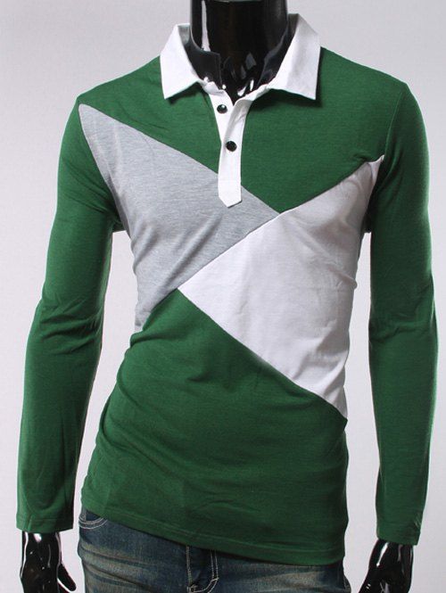 

Turn Down Collar Long Sleeve Color Block Splicing T-Shirt, Army green