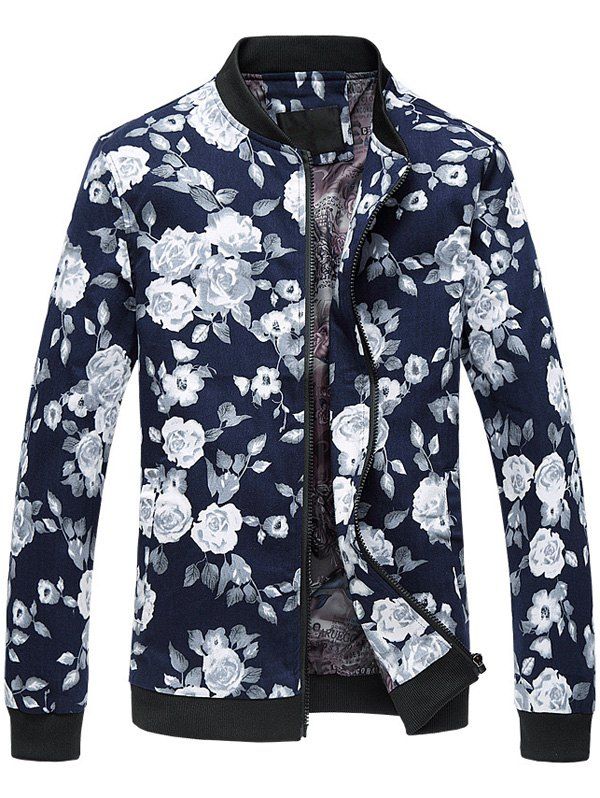 

Floral Print Long Sleeves Zipper Plus Size Jacket, Cadetblue