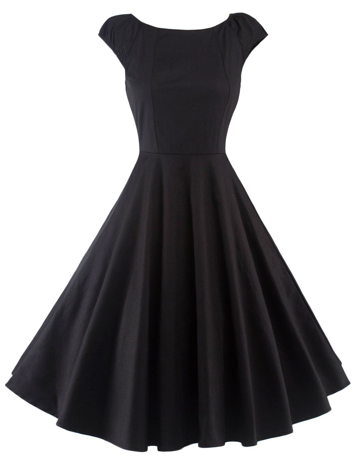 

A Line Puffer Cap Sleep Plain Dress, Black