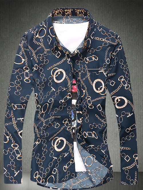 

Button Adorn Chain Circle Printed Plus Size Shirt, Cadetblue