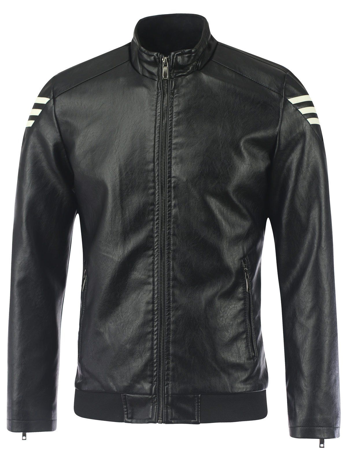 

Stripe Design Stand Collar PU Leather Jacket, Black