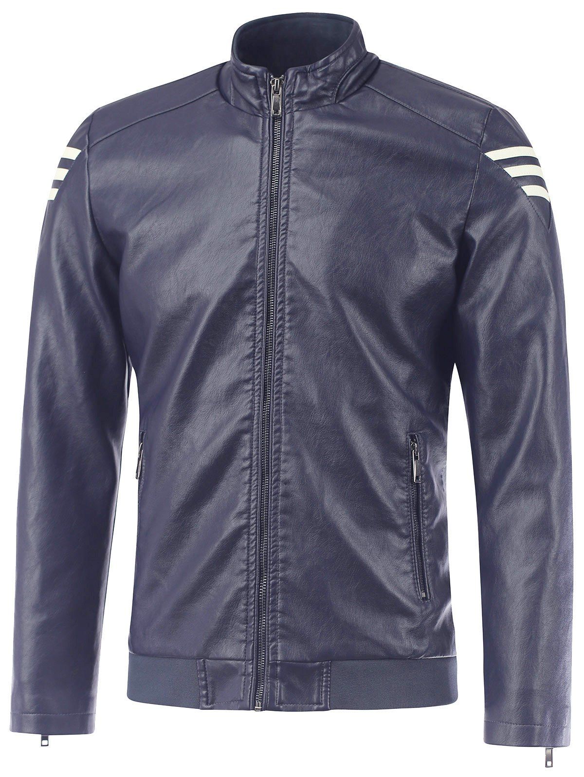 

Stripe Design Stand Collar PU Leather Jacket, Deep blue