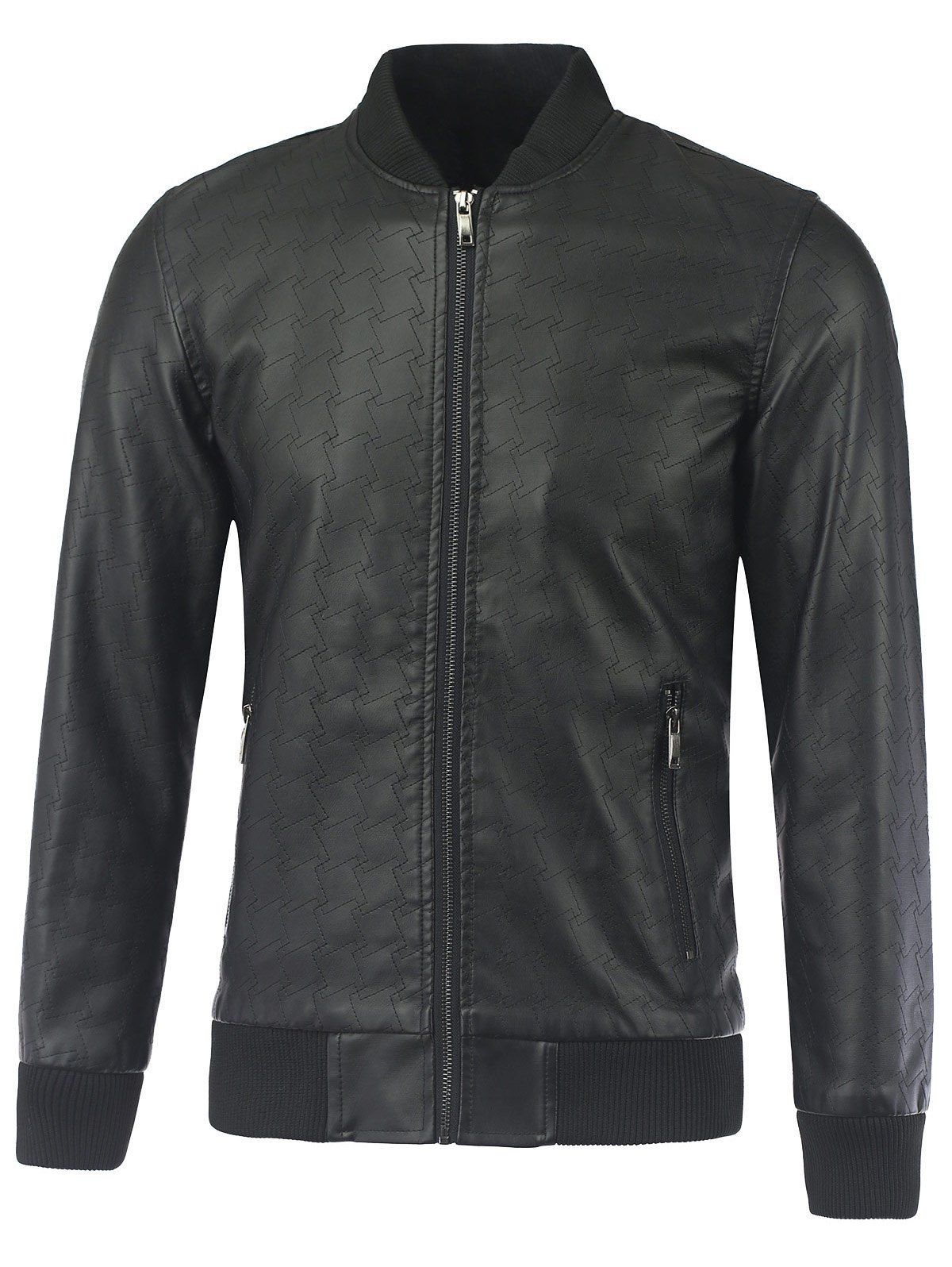 

Geometric Suture Design Stand Collar Long Sleeve PU-Leather Jacket, Black
