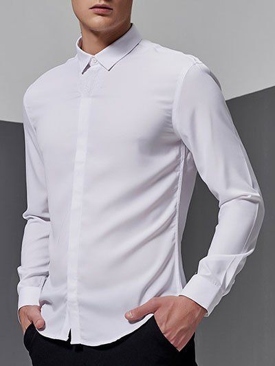 Bouton caché à manches longues broderie shirt - Blanc L