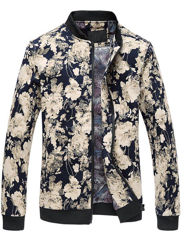 

3D Flower Pattern Stand Collar Plus Size Zipper Jacket, Colormix