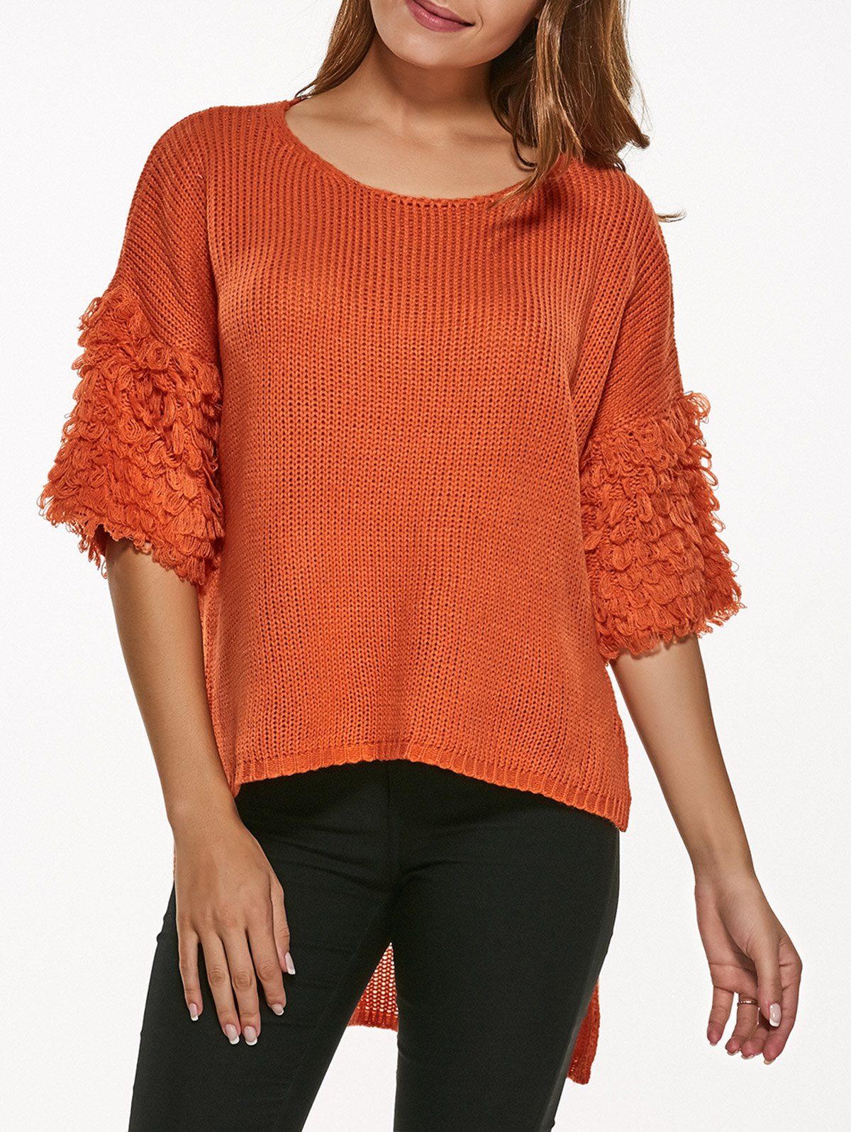 

Half Sleeve High Low Pullover Knitwear, Jacinth