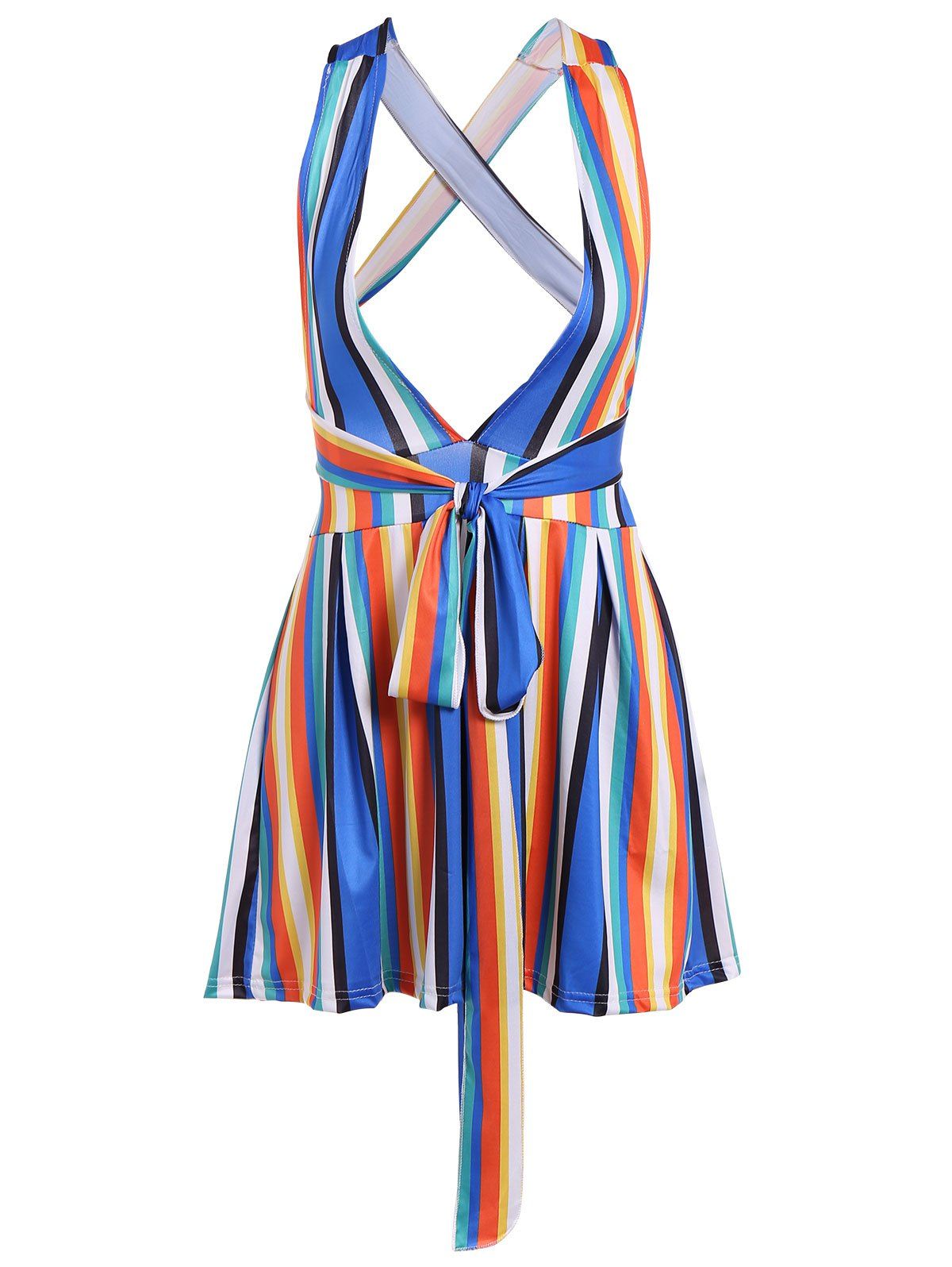 

Criss-Cross Back Lace-Up Colorful Stripe Romper