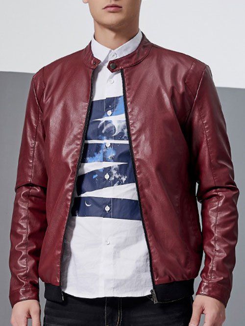 Pied de col Zip-Up Faux Leather Jacket - Rouge M
