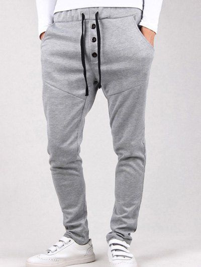 

Button Embellished Drop Crotch Drawstring Pants, Light gray